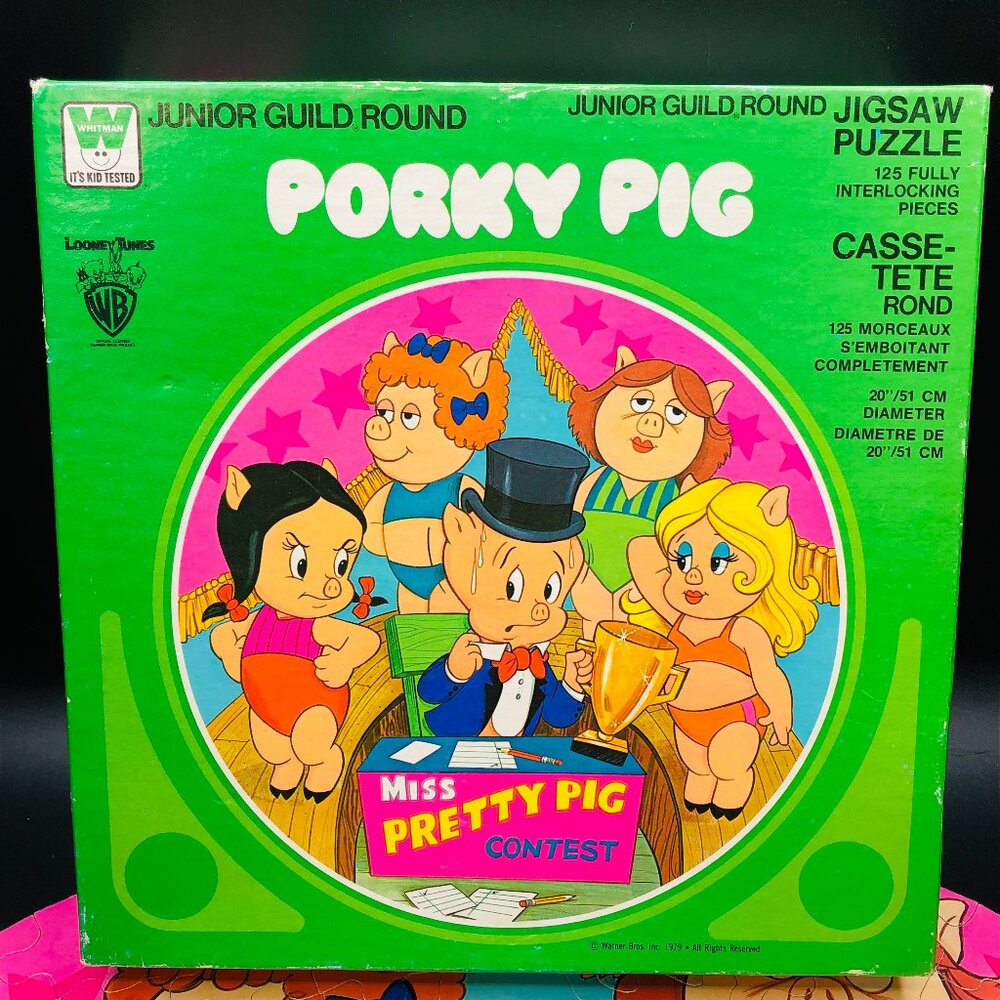Vintage 1979 Porky Pig Petunia MISS PRETTY PIG 125 pc Round Puzzle -Complete